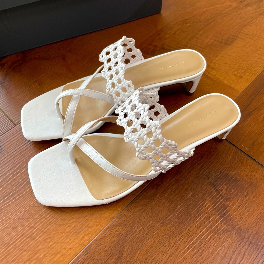 Ann Taylor White Crochet-Strap Square-Toe Kitten Heel Sandals